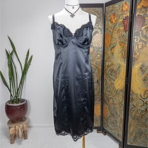 Victoria's Secret Black Satin‎ Lace Slip Dress Y2K Underwire Midi Lingerie XL